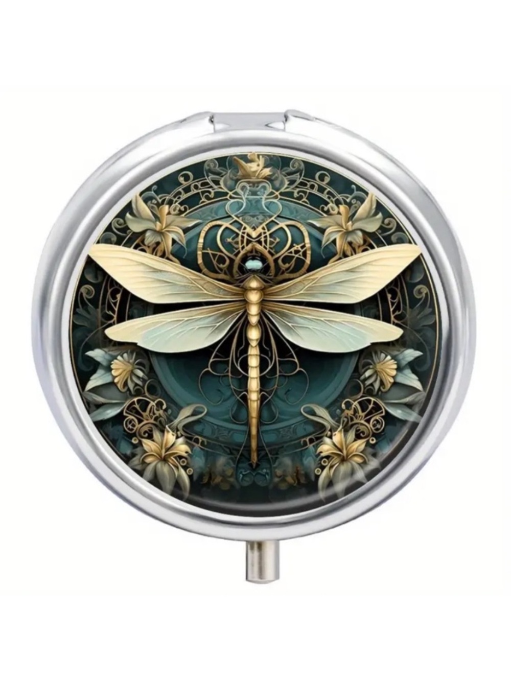 Teal Gold Dragonfly Pill Box Mirror 3 Compartment Travel Case